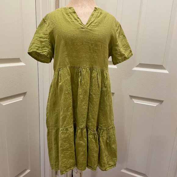 New Francesca Bettini 100% Linen Midi Dress Women's Size L Green Tiered Design - Picture 1 of 13